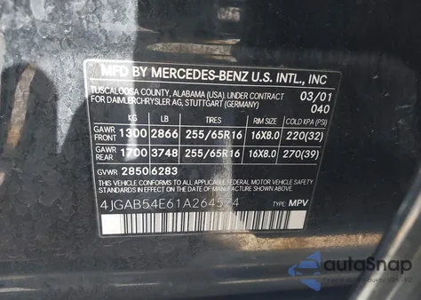 2001 Mercedes-Benz Ml 320 from USA, damaged, VIN 4JGAB54E61A264574